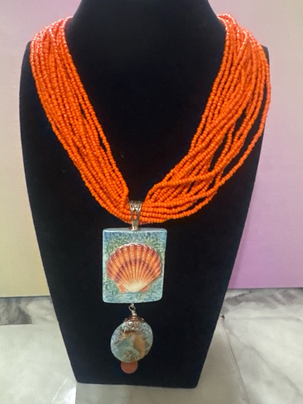 Handcrafted Orange Beaded Shell Pendant Necklace